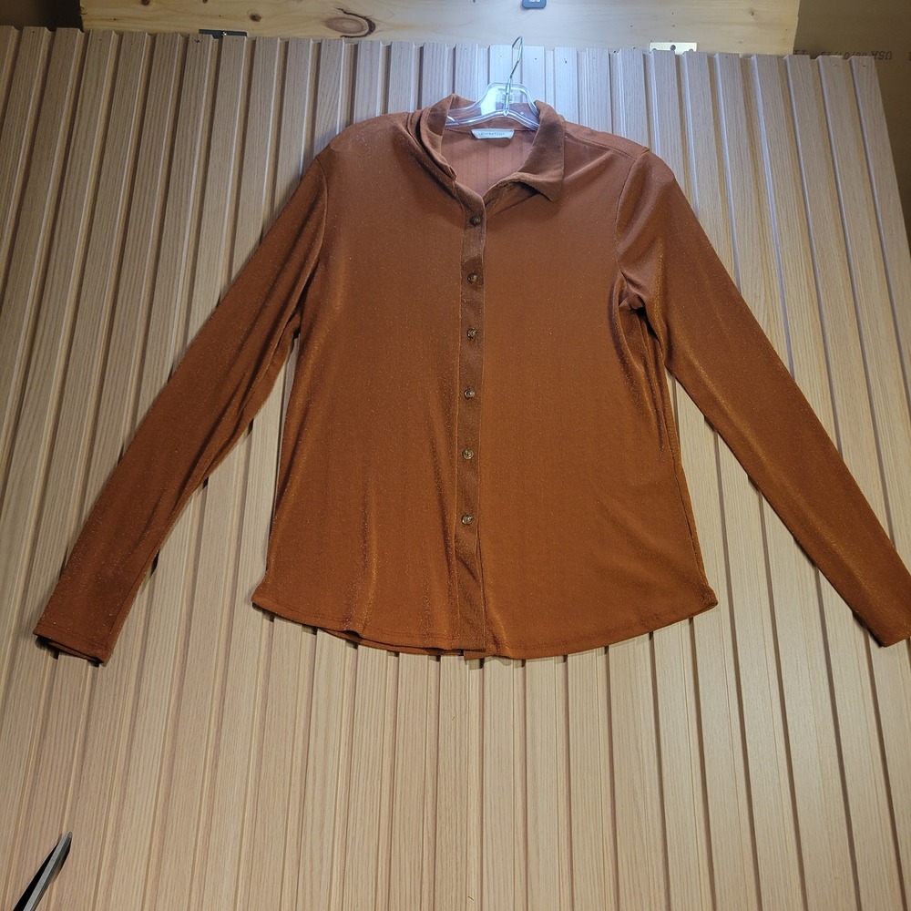 Bucketlist Womens Rust Brown Metallic Shimmer Long Sleeve Button Down Top Shirt